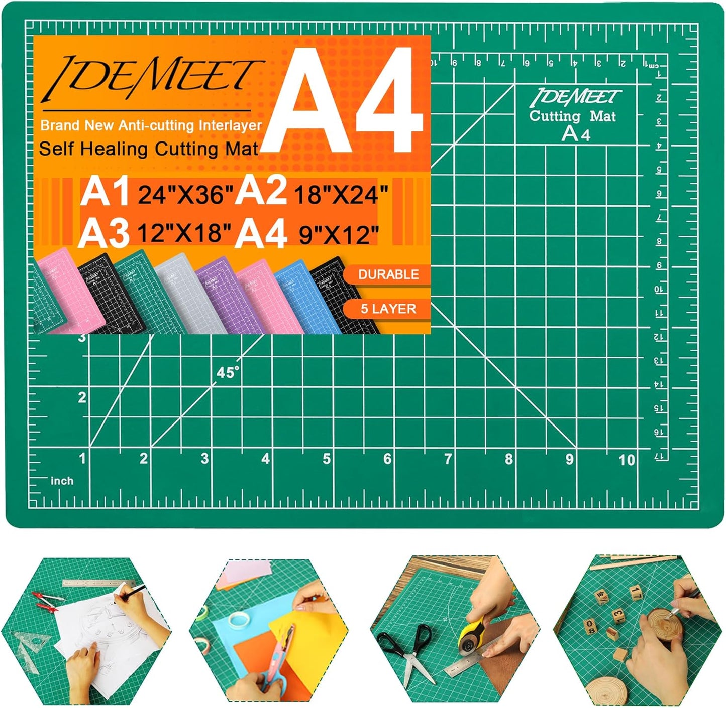 Density-Upgraded 9"X12" Self Healing Cutting Mat, Rotary Sewing Mat for Crafts, 5-Ply Blade Table Protector Cut Board for Fabric Leather Cutting Quilting Modeling Hobby Project, A4, Green