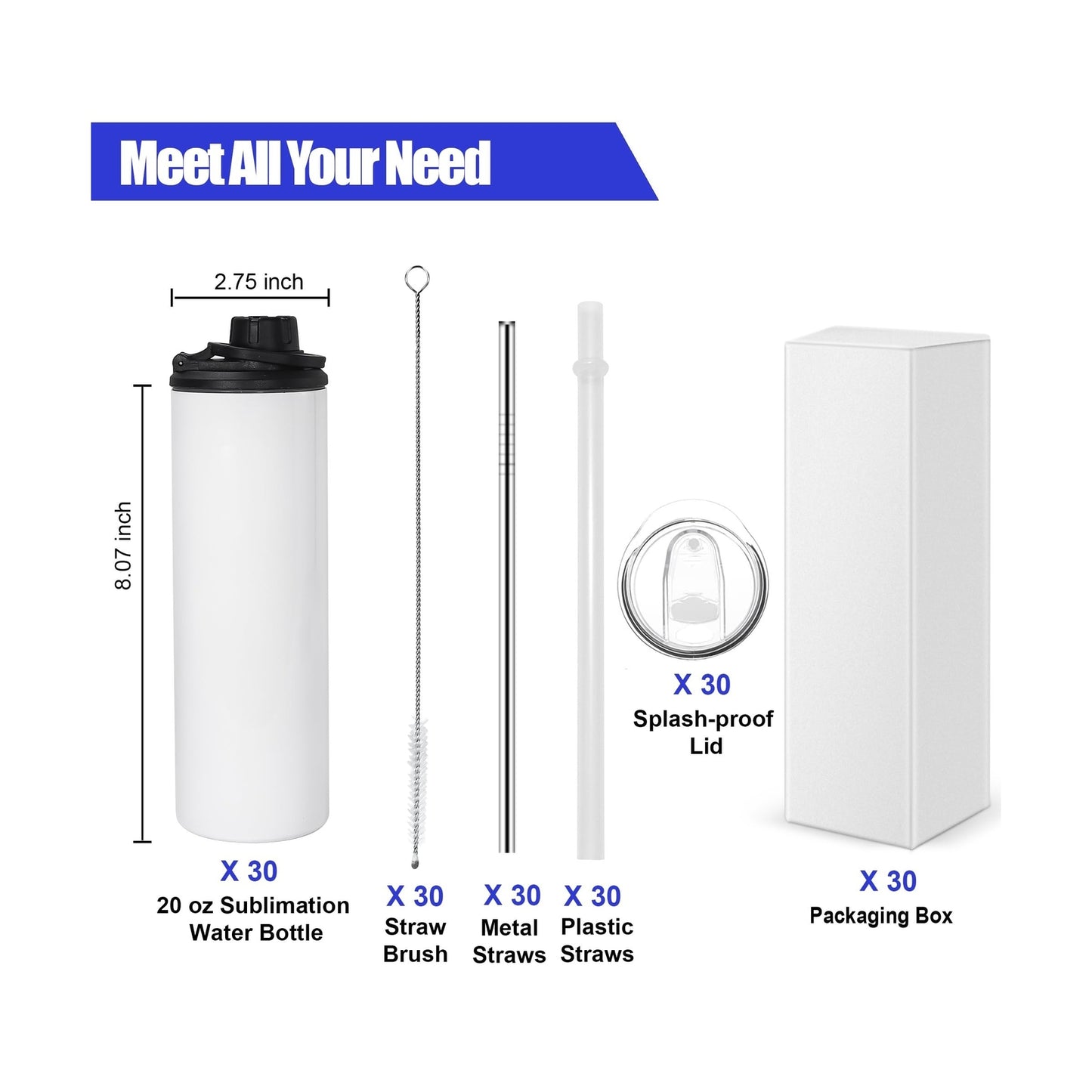 FECBK 30 Pack Sublimation Water Bottle Blanks 20 Oz Sublimation Sports Water ...