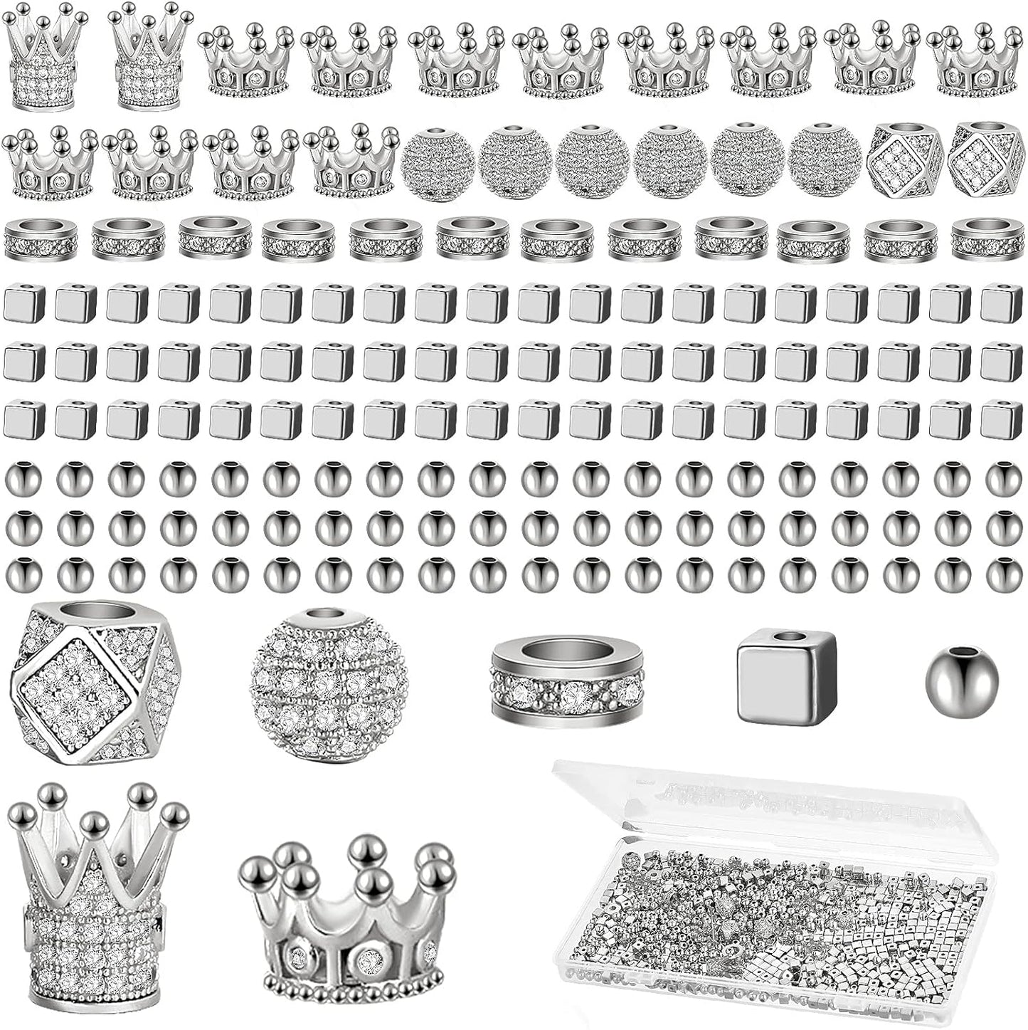 1034 Pieces King Crown Charm Rhinestone Bead round Ball Zircon Bead Hexagon Big Hole Spacer Diamond Cutting Cube for DIY Chain Bracelet Jewelry Making(Black)
