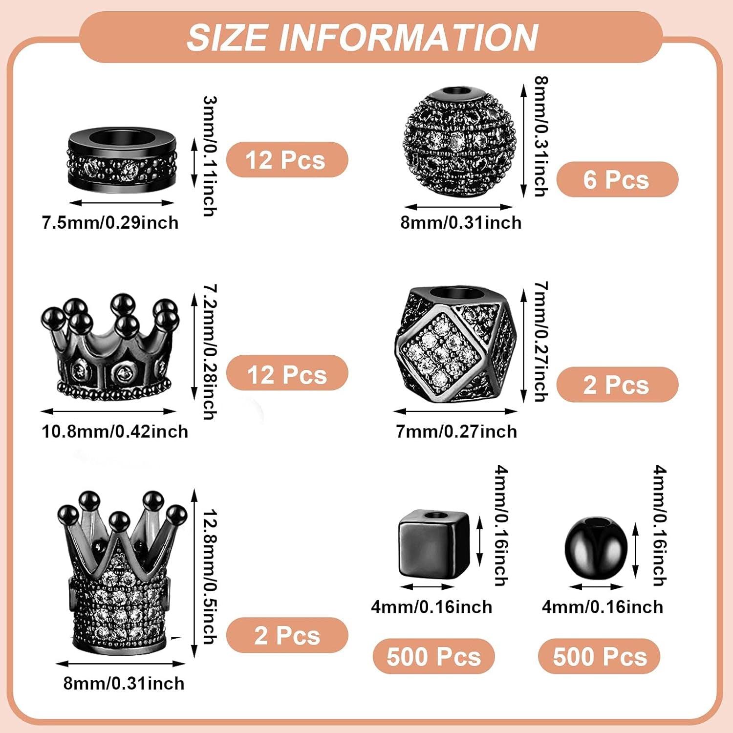 1034 Pieces King Crown Charm Rhinestone Bead round Ball Zircon Bead Hexagon Big Hole Spacer Diamond Cutting Cube for DIY Chain Bracelet Jewelry Making(Black)