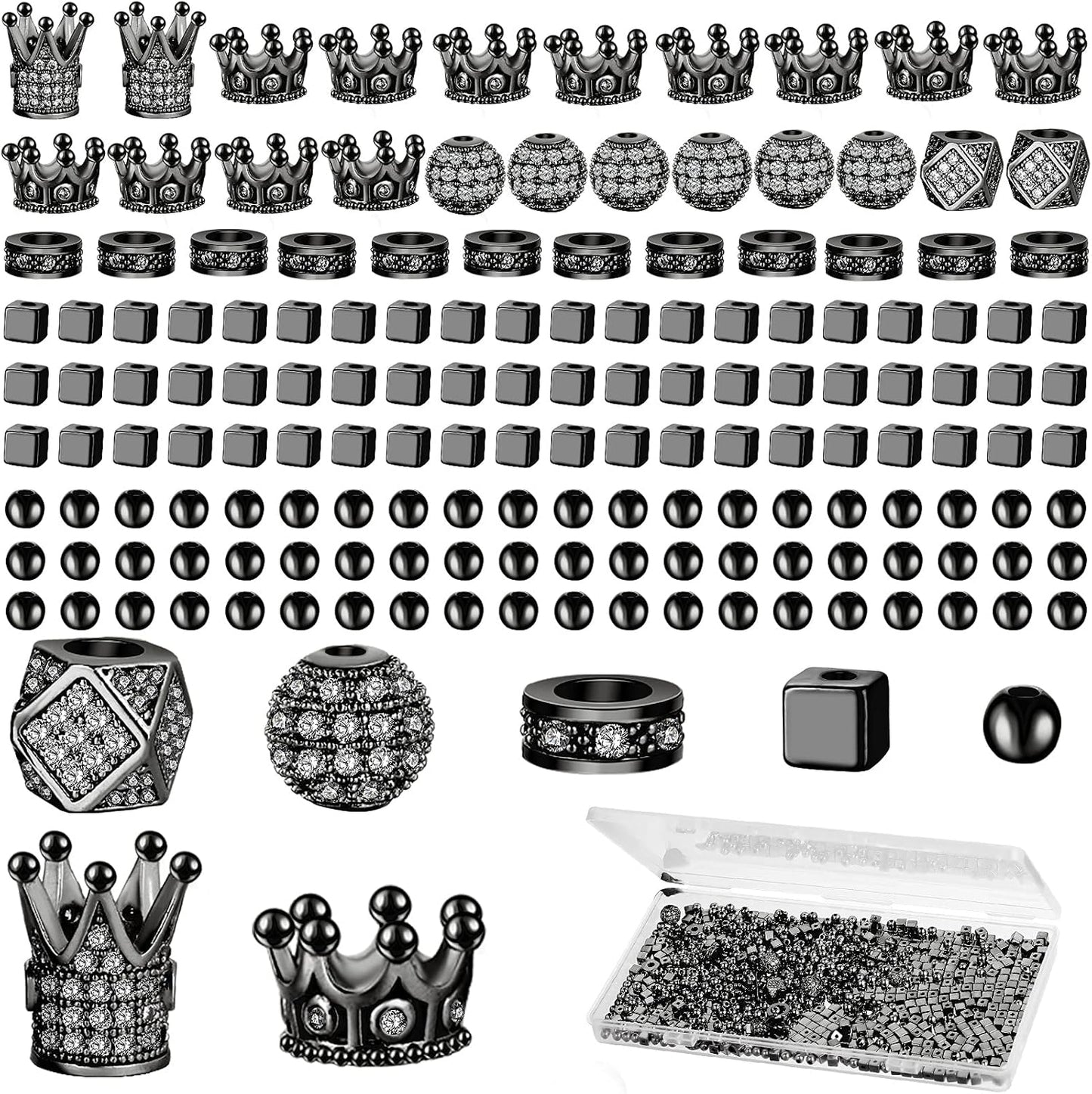 1034 Pieces King Crown Charm Rhinestone Bead round Ball Zircon Bead Hexagon Big Hole Spacer Diamond Cutting Cube for DIY Chain Bracelet Jewelry Making(Black)