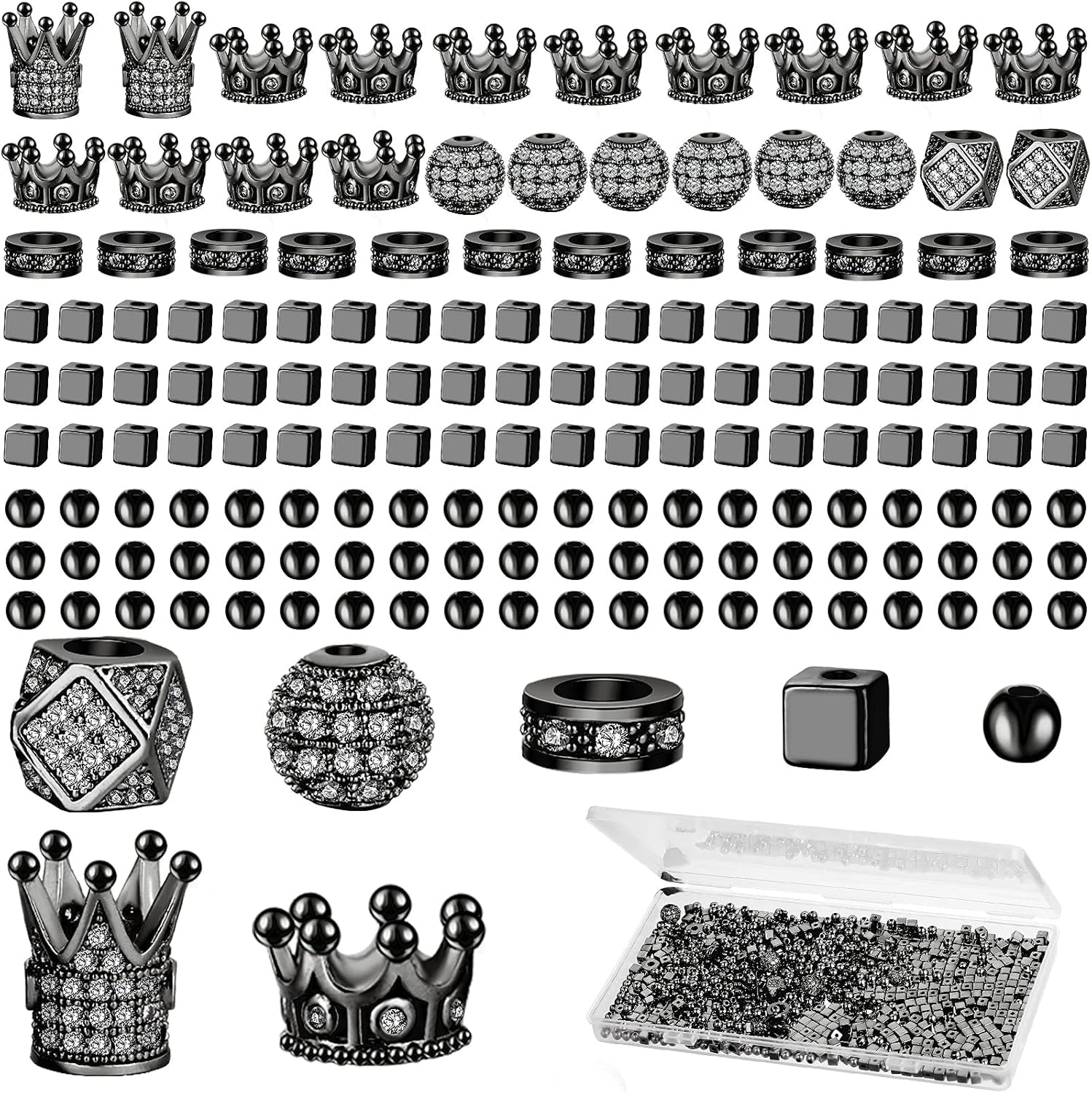 1034 Pieces King Crown Charm Rhinestone Bead round Ball Zircon Bead Hexagon Big Hole Spacer Diamond Cutting Cube for DIY Chain Bracelet Jewelry Making(Black)