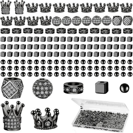 1034 Pieces King Crown Charm Rhinestone Bead round Ball Zircon Bead Hexagon Big Hole Spacer Diamond Cutting Cube for DIY Chain Bracelet Jewelry Making(Black)