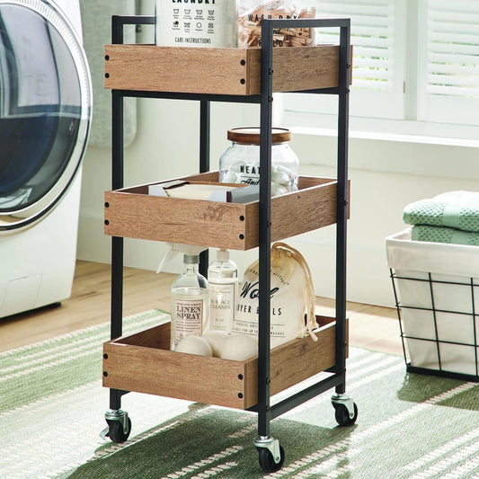 3-Tier Jace Wood & Steel Rolling Utility Cart, Black