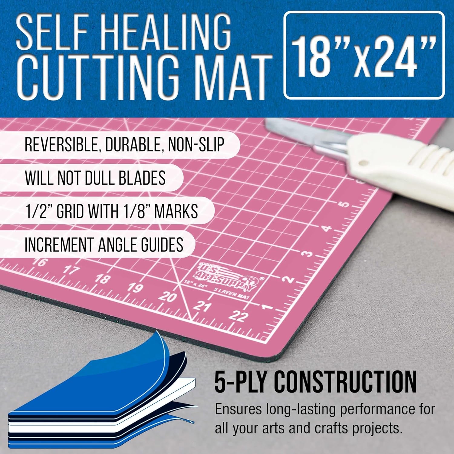18" X 24" Self-Healing Cutting Mat 5-Ply - Double-Sided Pink/Blue Craft Mat, Non-Slip Cutting Mats for Crafts, Sewing, Quilting, Scrapbooking