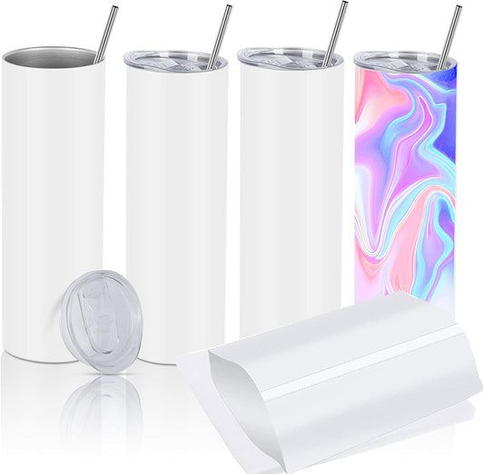 30 Oz Sublimation Skinny Tumbler Set, Stainless Steel Straight Skinny Travel Tumbler Bulk with Sublimation Shrink Wrap Films, Birthday Diy Gift for Women Friends Sisters, 4 Pack, White