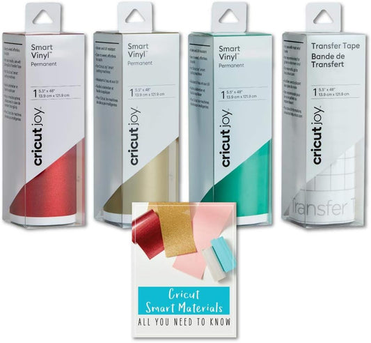 Joy Smart Permanent Vinyl Roll Bundle - Adhesive Backed Vinyl in Shimmer Red, Gold and Green, for DIY Signs, Water Bottles and Phone Decals, Matless Cutting, Outdoor Use and Waterproof Designs