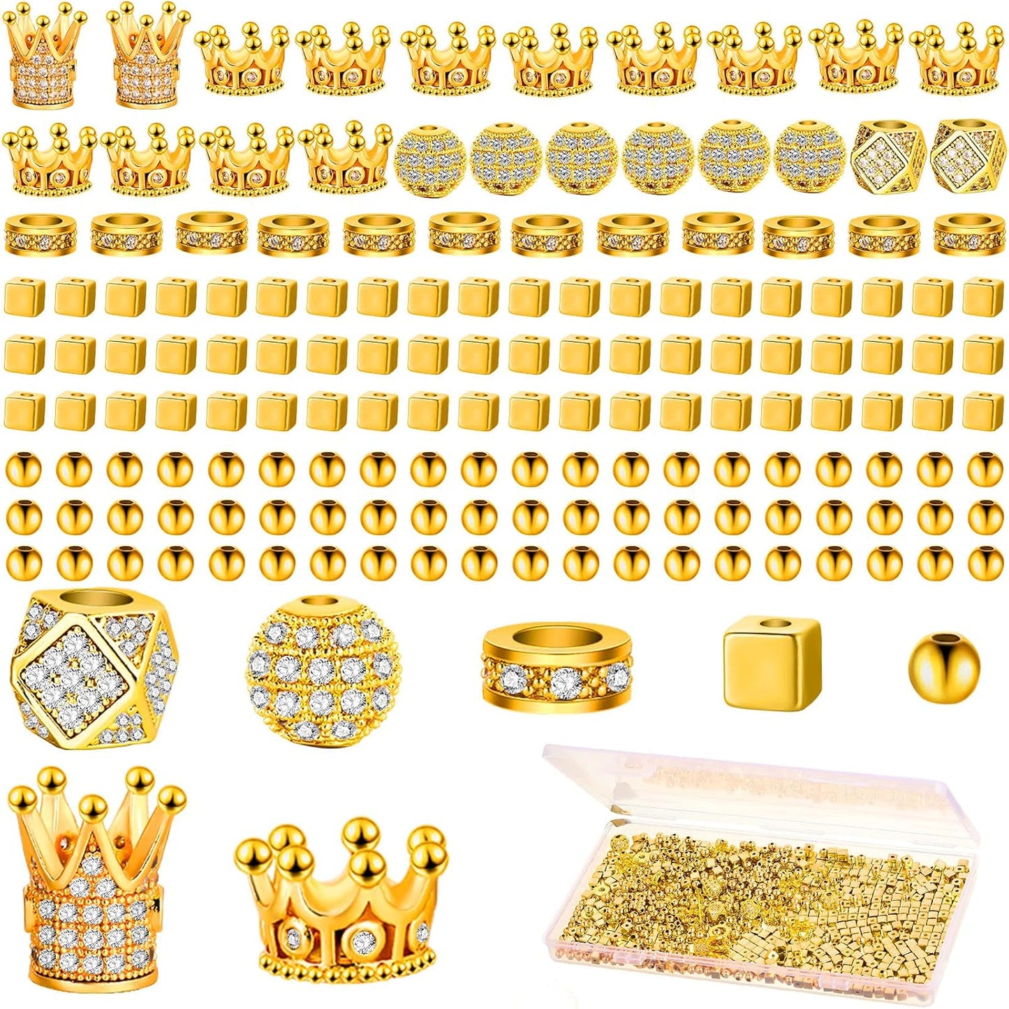 1034 Pieces King Crown Charm Rhinestone Bead round Ball Zircon Bead Hexagon Big Hole Spacer Diamond Cutting Cube for DIY Chain Bracelet Jewelry Making(Black)